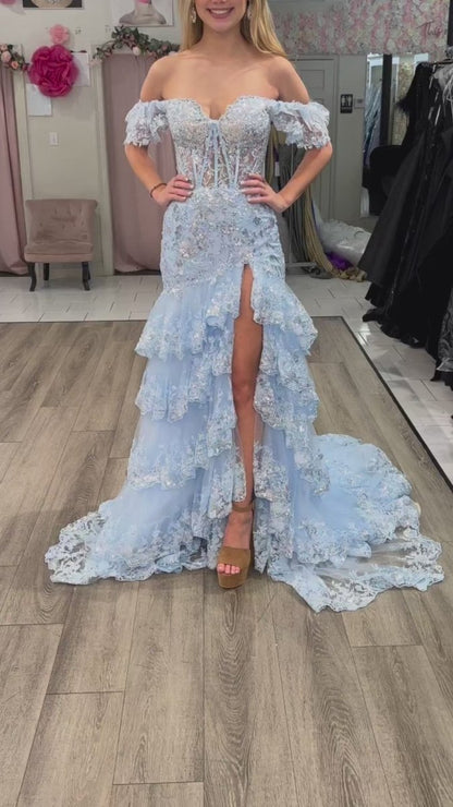 Sheath Off the Shoulder Long Lace Prom Dresses (Lace-up Back)