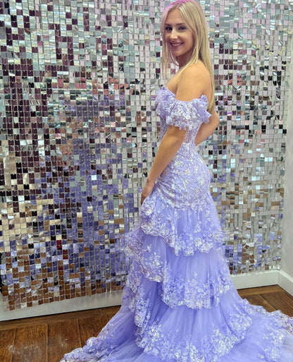 Sheath Off the Shoulder Long Lace Prom Dresses (Lace-up Back)