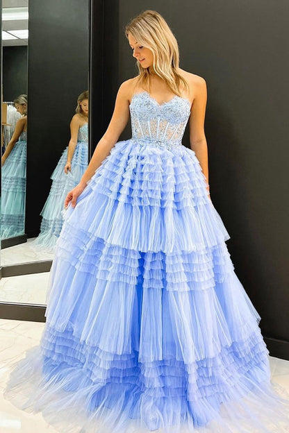 A-line Sweetheart Tulle Long Prom Dresses with Ruffles