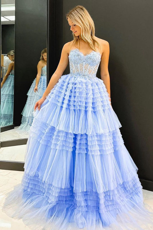 A-line Sweetheart Tulle Long Prom Dresses with Ruffles