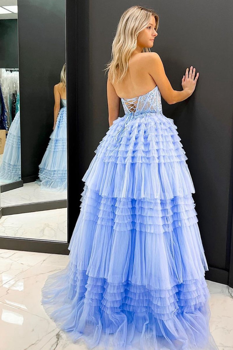 A-line Sweetheart Tulle Long Prom Dresses with Ruffles