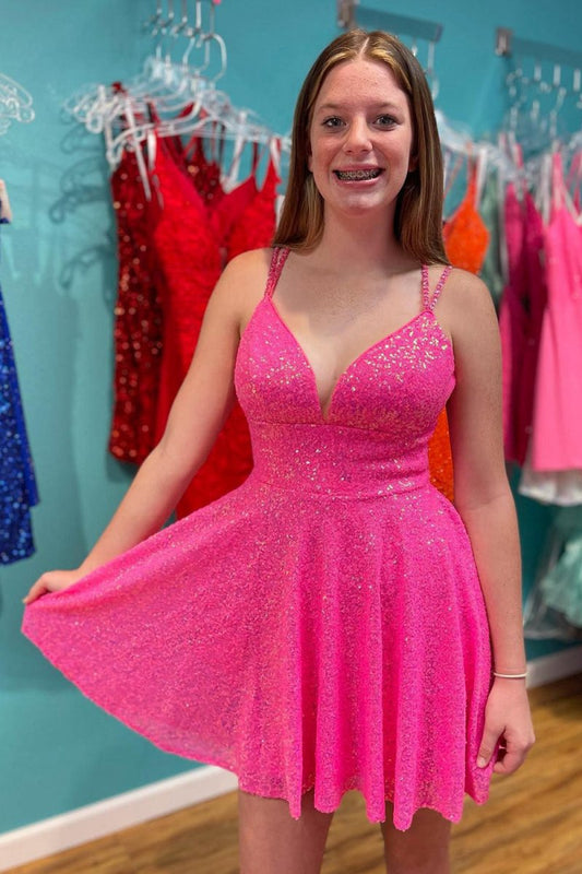 A-line Double Straps Sequins Homecoming Dresses