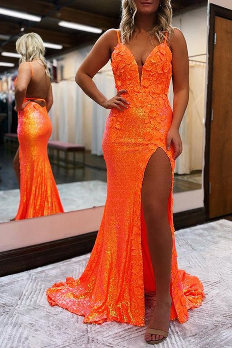 Mermaid V Neck Sequins Prom Dresses with Slit