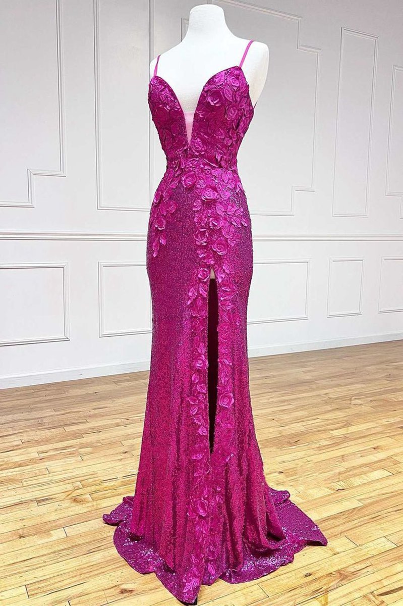Mermaid V Neck Sequins Prom Dresses with Slit