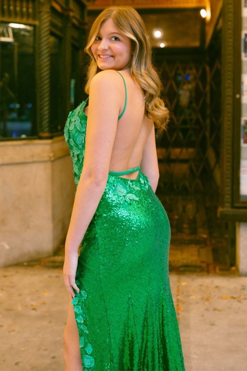 Mermaid V Neck Sequins Prom Dresses with Slit