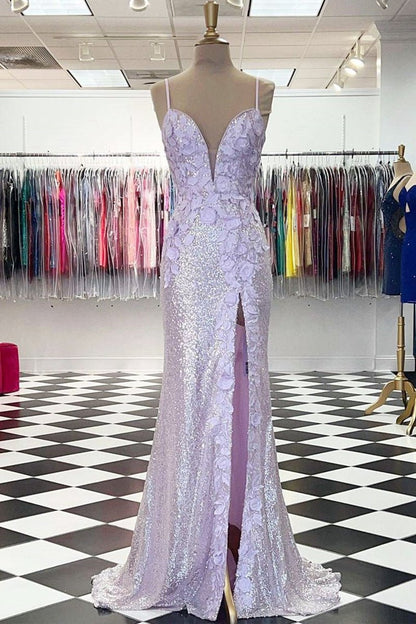 Mermaid V Neck Sequins Prom Dresses with Slit