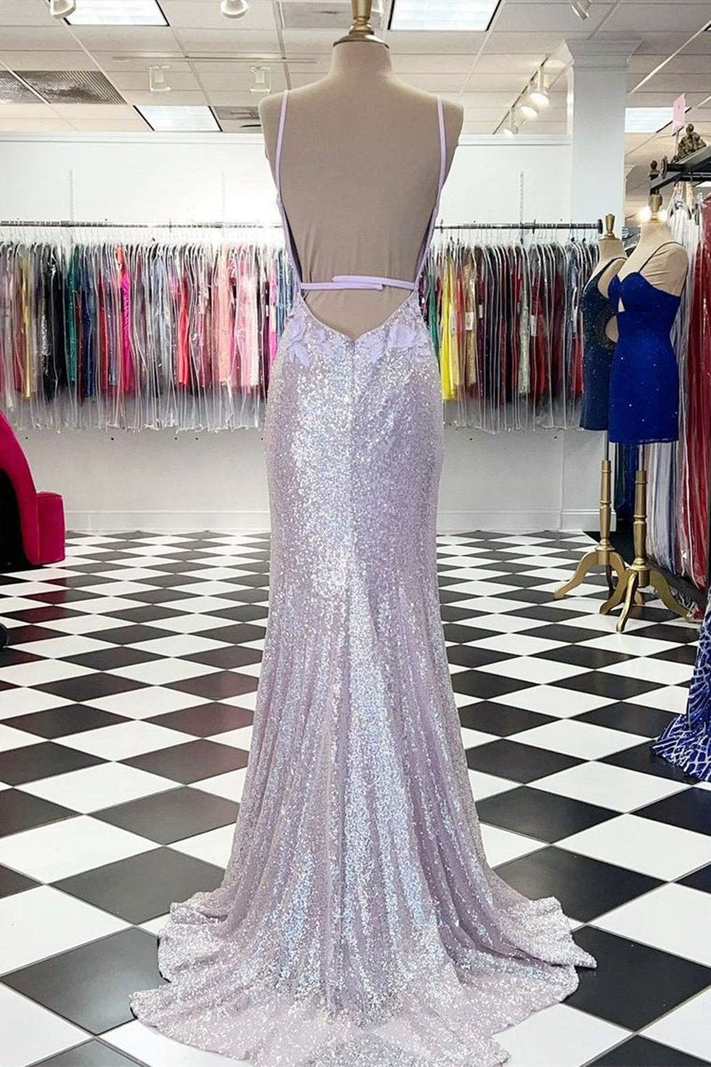 Mermaid V Neck Sequins Prom Dresses with Slit