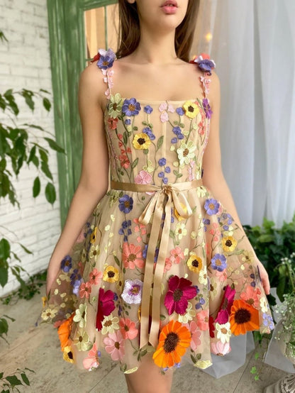 A-line Floral Short Homecoming Dresses with 3D Flowers