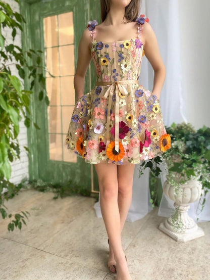 A-line Floral Short Homecoming Dresses with 3D Flowers