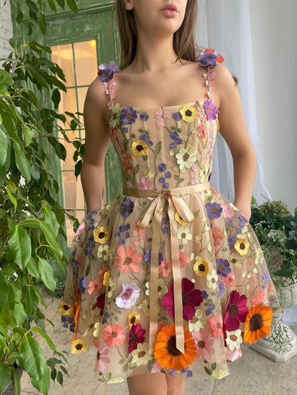 A-line Floral Short Homecoming Dresses with 3D Flowers
