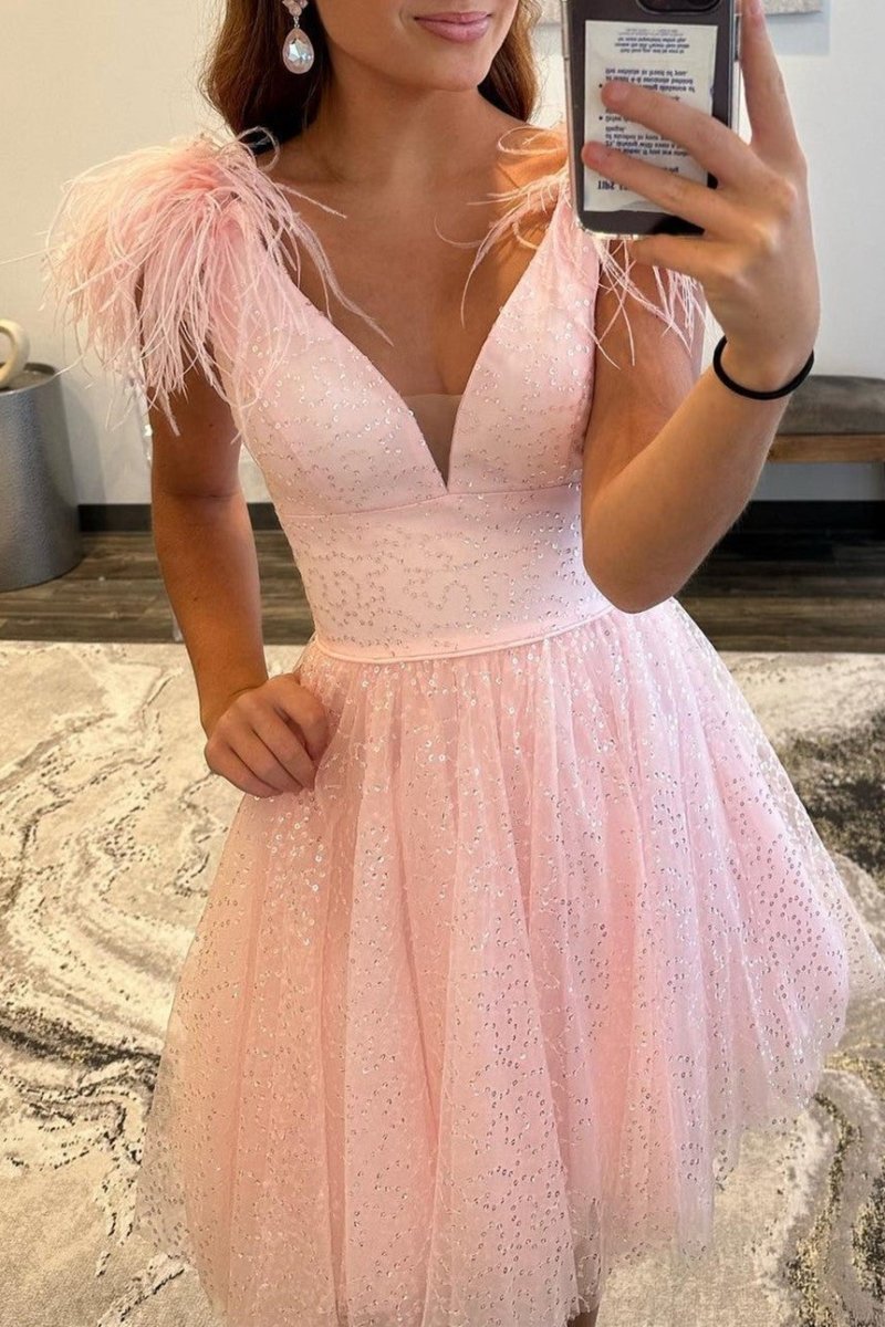 A-line Deep V Neck Tulle Homecoming Dresses with Feathers