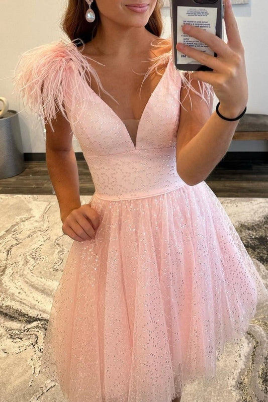 A-line Deep V Neck Tulle Homecoming Dresses with Feathers