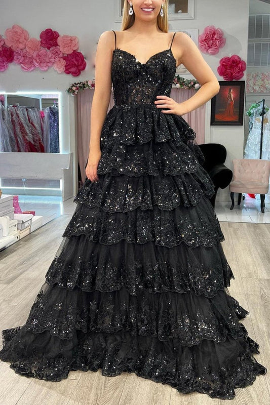 A-line Spaghetti Straps Tie Lace Prom Dresses