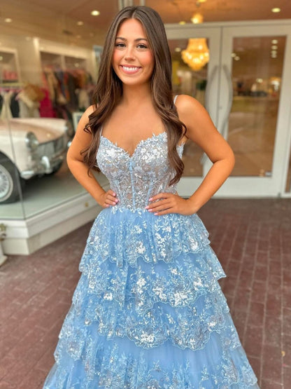 A-line Spaghetti Straps Tie Lace Prom Dresses
