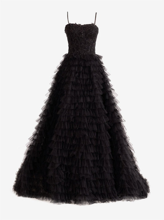 A-line Tie Sequins Tulle Long Prom Dresses