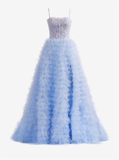 A-line Tie Sequins Tulle Long Prom Dresses