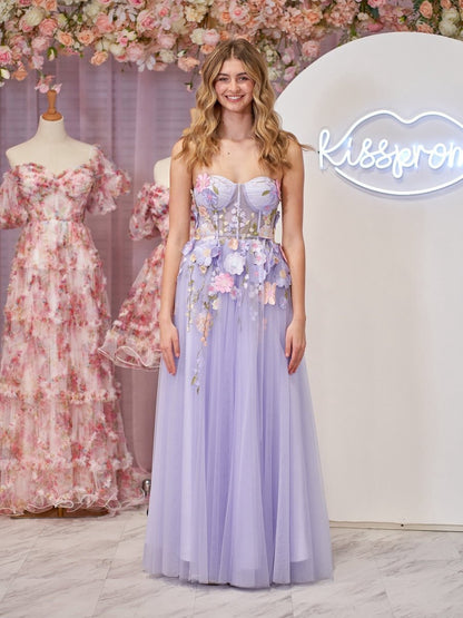 A-line Strapless Tulle Homecoming Dresses with 3D Flowers