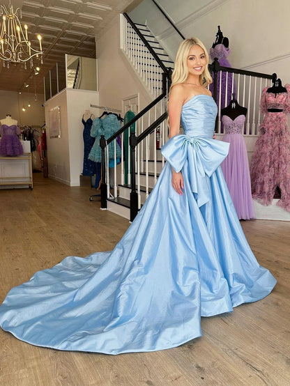 A-line Strapless Taffeta Long Prom Dresses with Slit