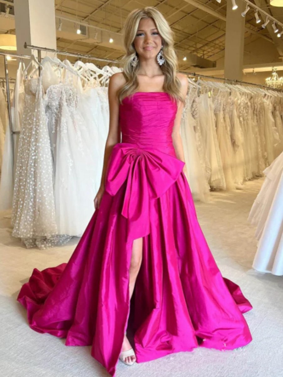 A-line Strapless Taffeta Long Prom Dresses with Slit