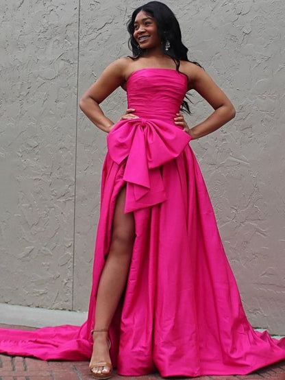 A-line Strapless Taffeta Long Prom Dresses with Slit