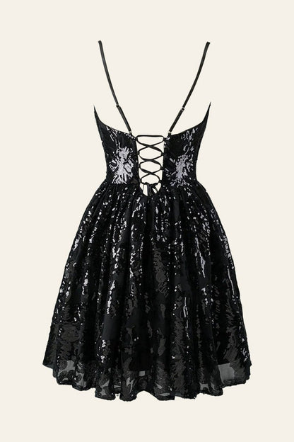 A-line Spaghetti Straps V Neck Lace Homecoming Dresses