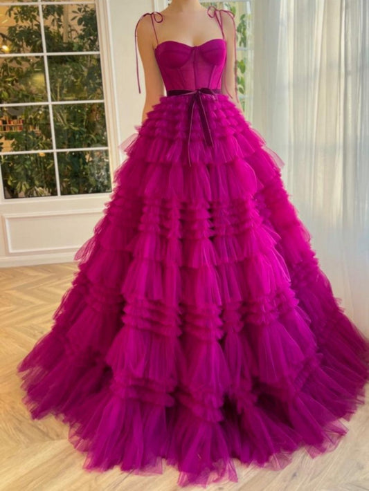 A-line Strapless Tie Long Tulle Prom Dresses