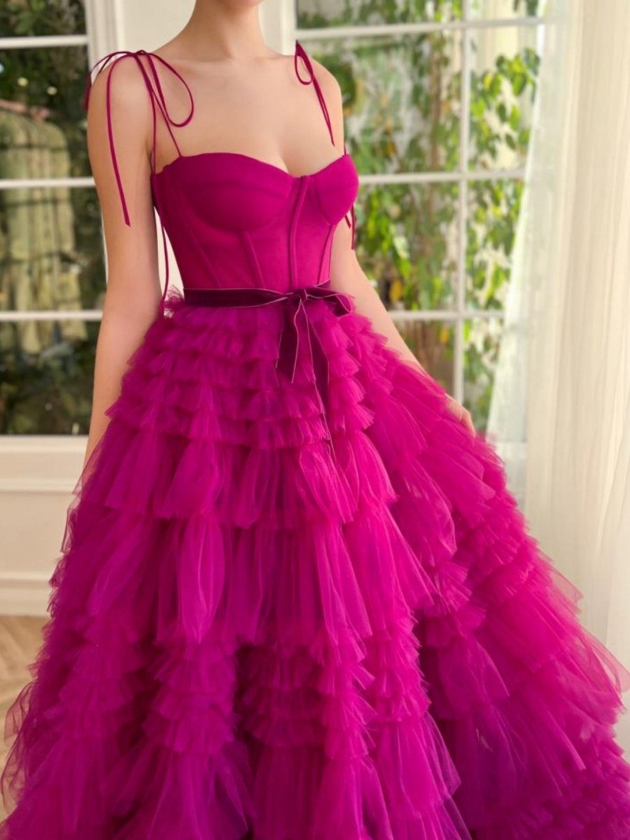 A-line Strapless Tie Long Tulle Prom Dresses