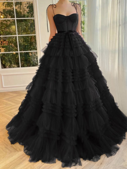 A-line Strapless Tie Long Tulle Prom Dresses