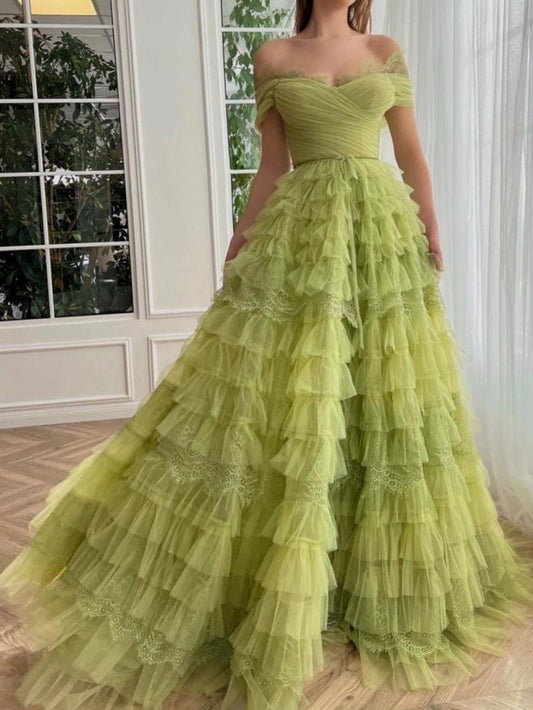 A-line Off the Shoulder Tulle Prom Dresses