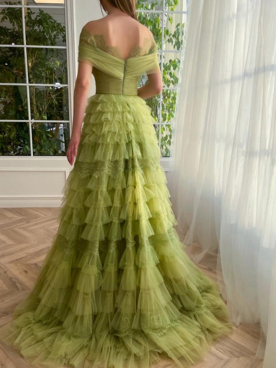 A-line Off the Shoulder Tulle Prom Dresses