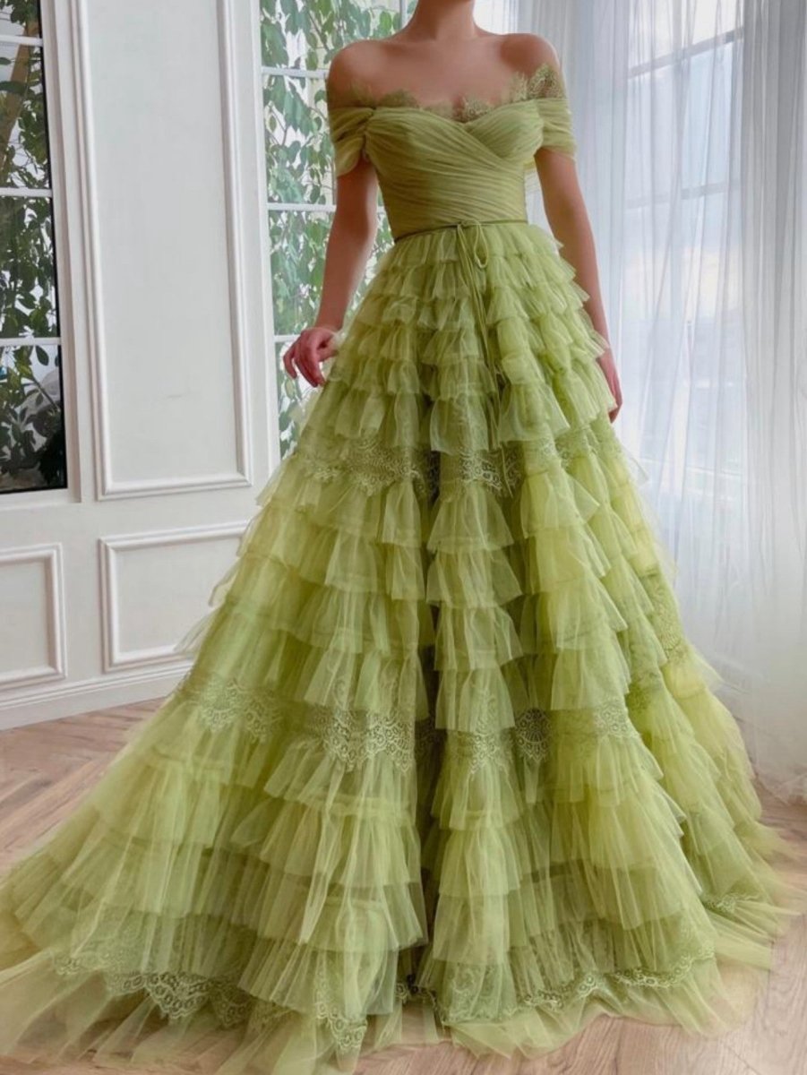 A-line Off the Shoulder Tulle Prom Dresses