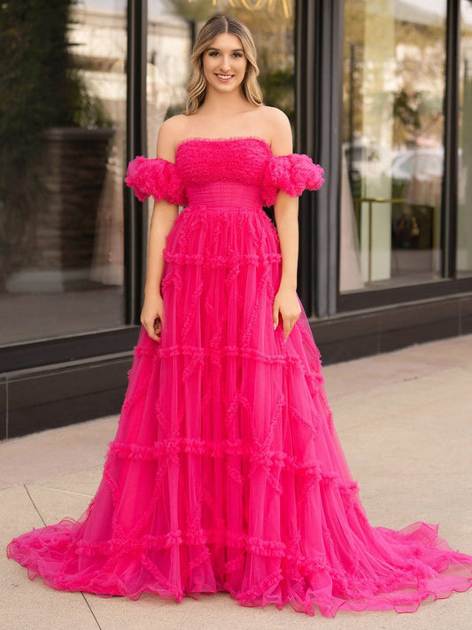 A-line Strapless Ruffles Long Formal Dresses with Puff Sleeves