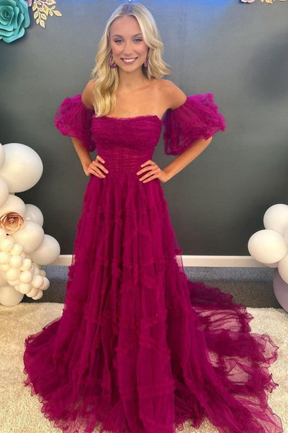 A-line Strapless Ruffles Long Formal Dresses with Puff Sleeves