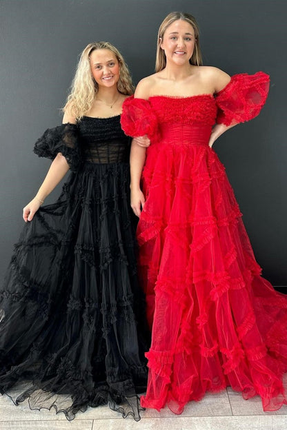 A-line Strapless Ruffles Long Formal Dresses with Puff Sleeves