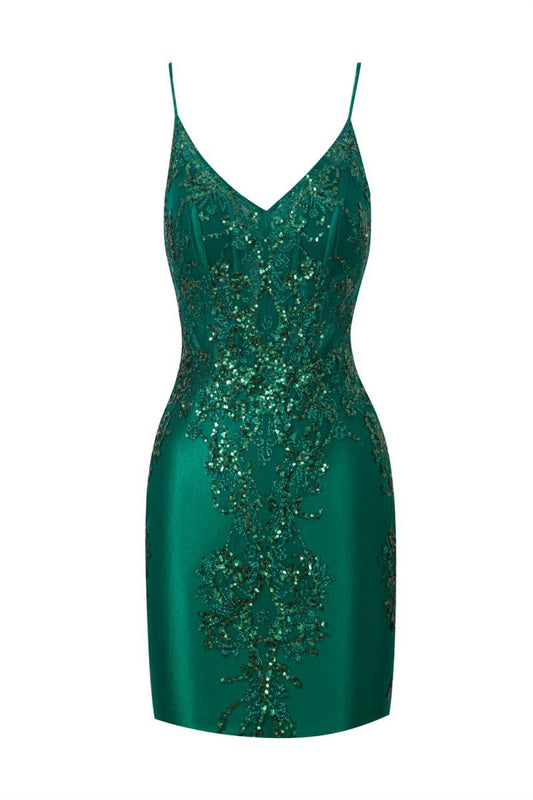 Sheath Short V Neck Satin Homecoming Dresses with Appliques