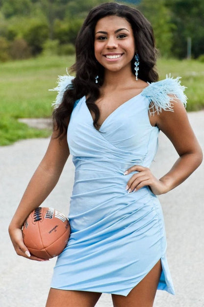 Sheath Pleated Jersey Homecoming Dresses with Feathers