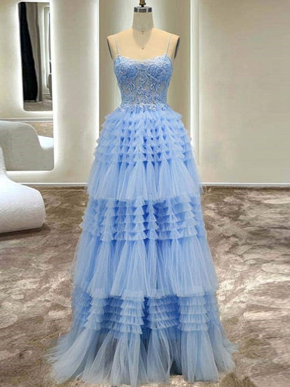 A-line Spaghetti Straps Tulle Long Prom Dresses