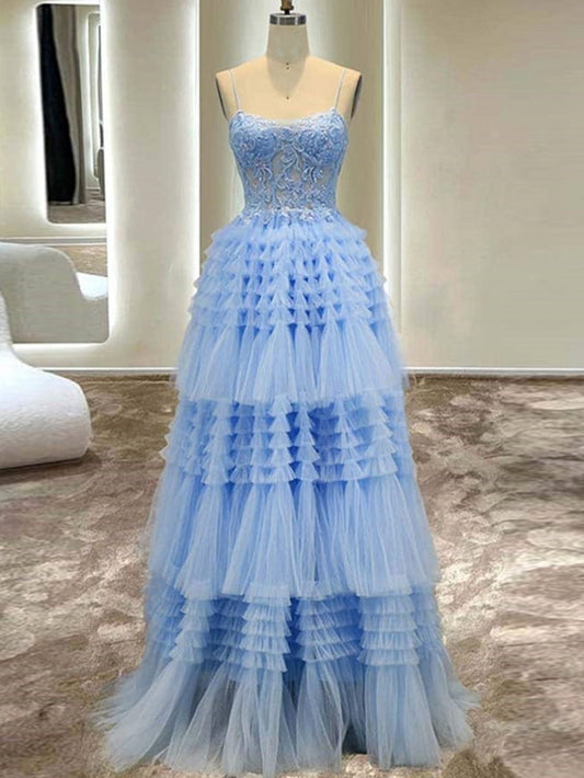 A-line Spaghetti Straps Tulle Long Prom Dresses