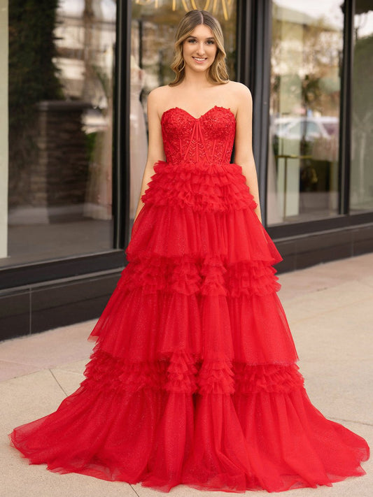 A-line Sweetheart Tie Long Tulle Prom Dresses
