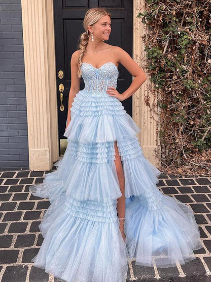 A-line Sweetheart Tie Long Tulle Prom Dresses