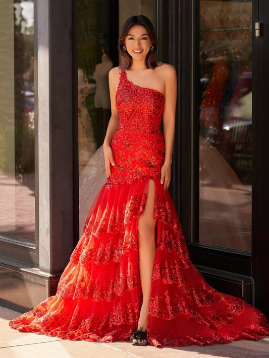 Sheath One Shoulder Tie Lace Long Prom Dresses