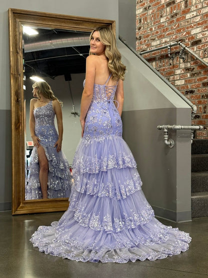 Sheath One Shoulder Tie Lace Long Prom Dresses