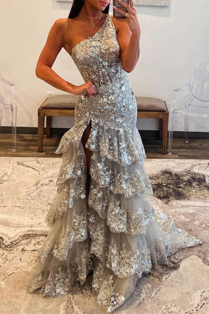 Sheath One Shoulder Tie Lace Long Prom Dresses