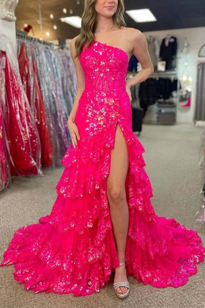 Sheath One Shoulder Tie Lace Long Prom Dresses