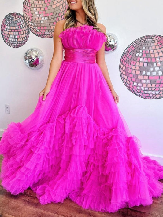 A-line Strapless Tie Long Tulle Prom Dresses