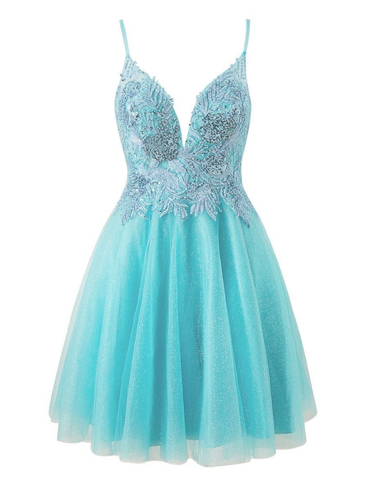 A-line Short Spaghetti Strap Glitter Tulle Homecoming Dresses