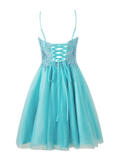 A-line Short Spaghetti Strap Glitter Tulle Homecoming Dresses