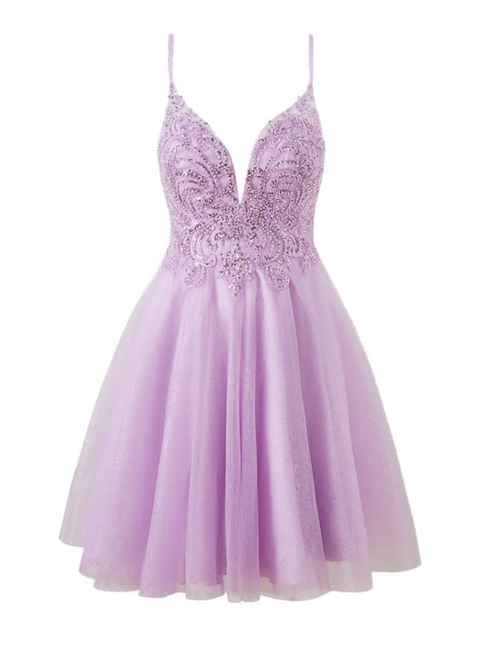 A-line Short Spaghetti Strap Glitter Tulle Homecoming Dresses