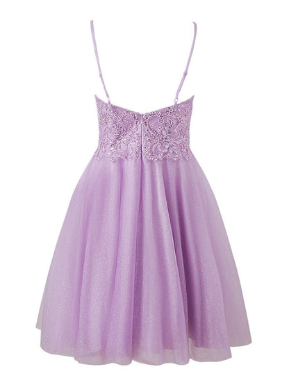 A-line Short Spaghetti Strap Glitter Tulle Homecoming Dresses
