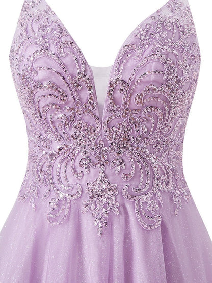 A-line Short Spaghetti Strap Glitter Tulle Homecoming Dresses